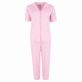 Women's Retro Notch Collar Short Sleeve Capri Set Reinforced Hems Ribbed Collar Design