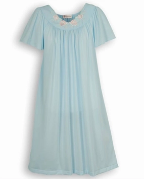 Relaxed Silhouette AntiStatic Finish Women's Short Gown With Flower Petal Embroidery And Flutter Sleeves In Blue