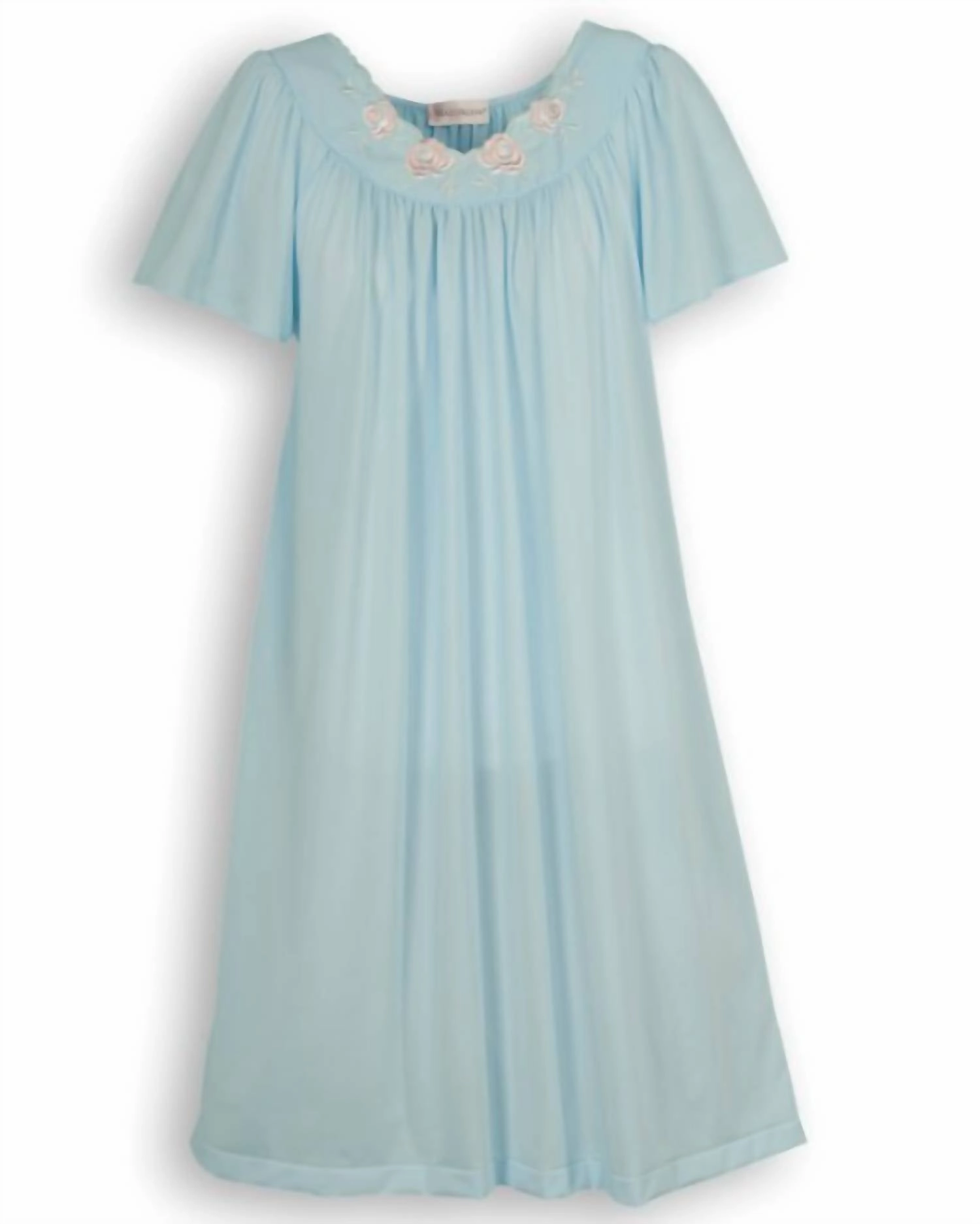 Women's Short Gown With Flower Petal Embroidery And Flutter Sleeves In Blue Relaxed fit style Cozy Fleece Backing