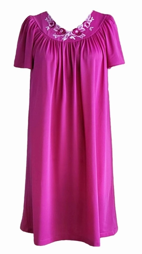 Women's Short Gown With Flower Petal Embroidery And Flutter Sleeves In Rapsberry NonIrritating Seams