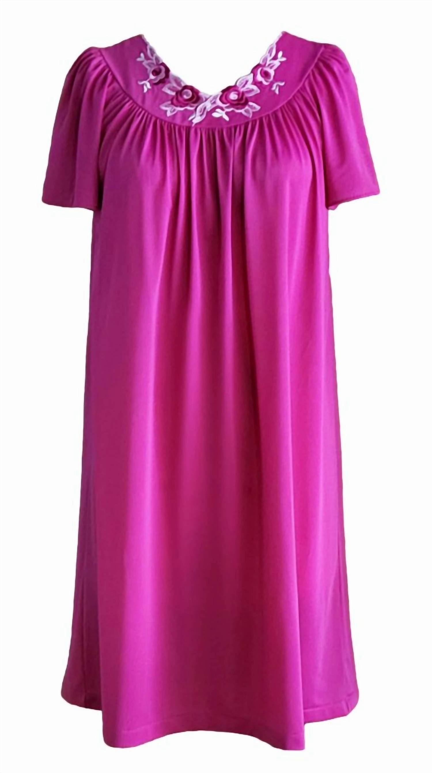 Women's Short Gown With Flower Petal Embroidery And Flutter Sleeves In Rapsberry Odor Control Technology Ribbed Cuffs