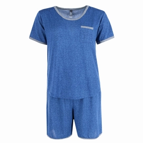 Women's Solid Short Pajama Set Reinforced Knee Panels Ribbed Collar Design