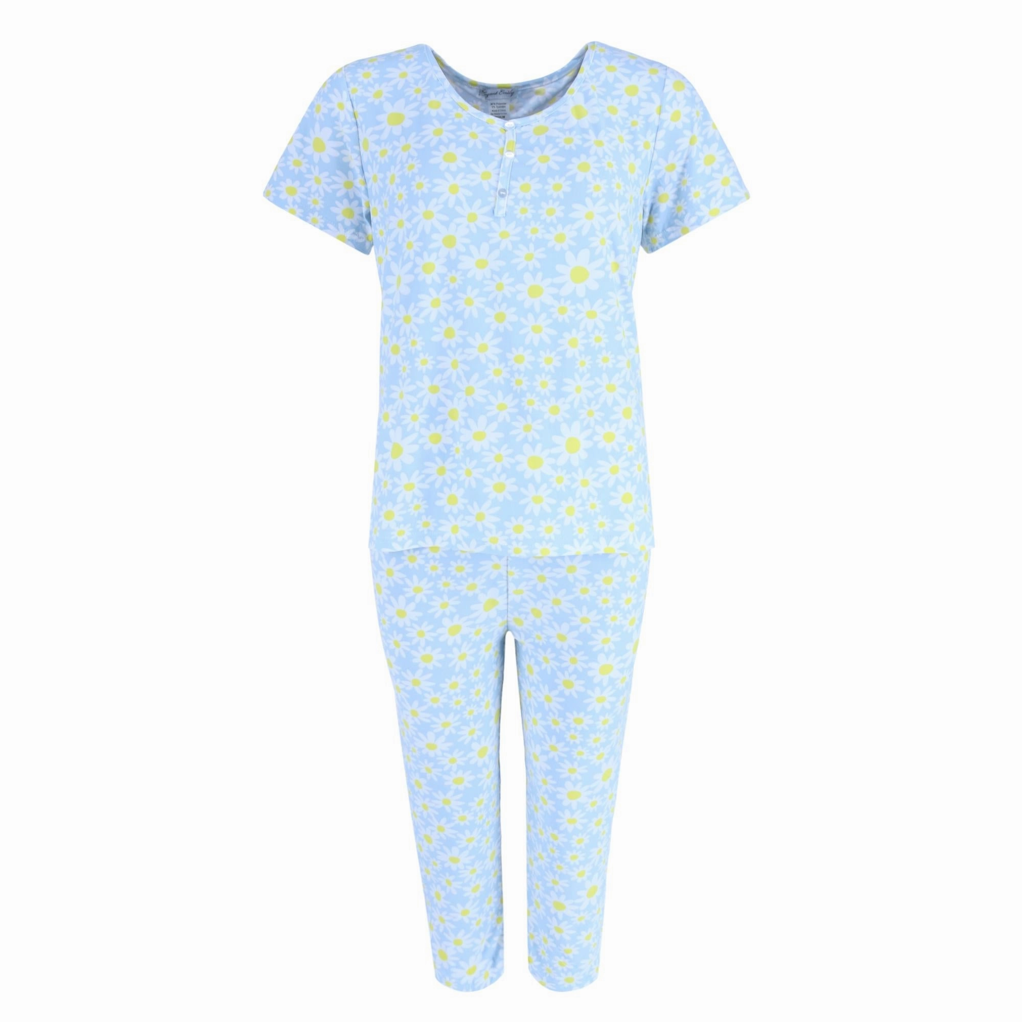 Wide Ribbed Hem Easy Care Material Women's Tiny Daisy Capri Pajama Set