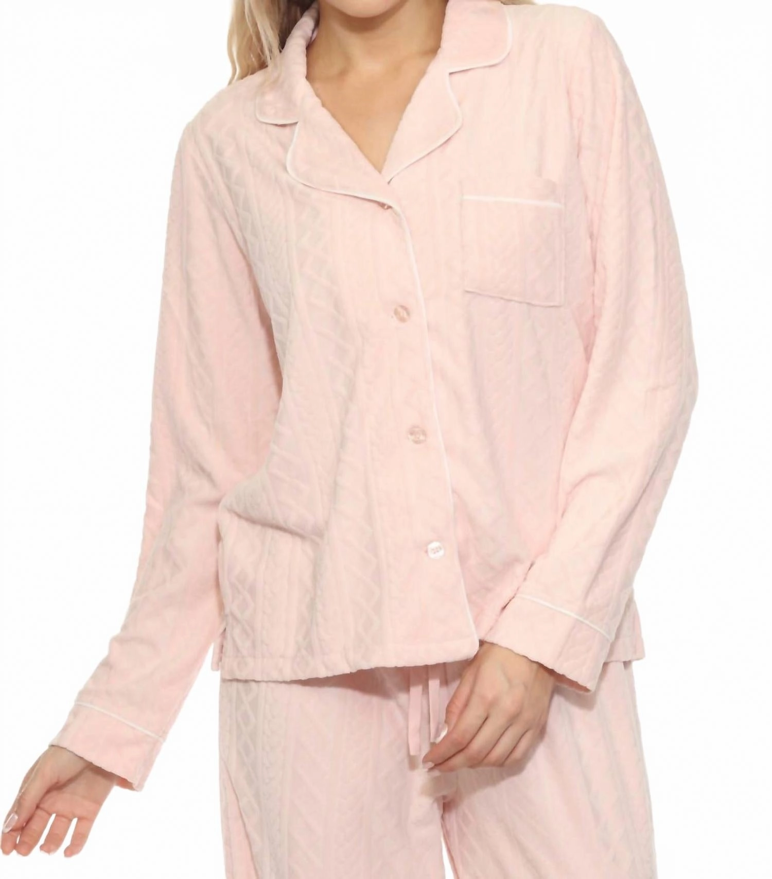 Minimalist Style Adjustable Drawcord Women's Very Terry Cable Crew Pajama Top In Pink Tint
