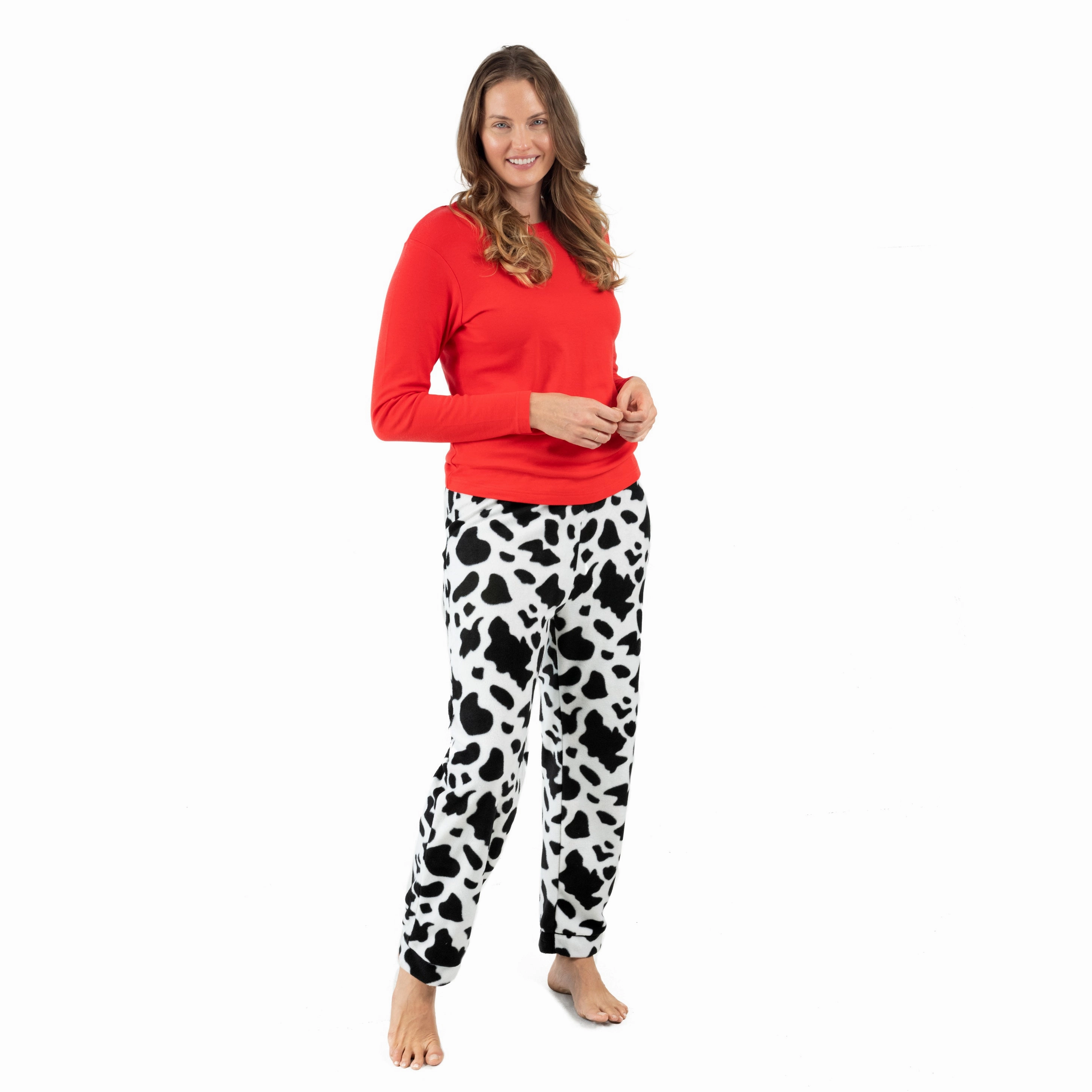 Womens Cotton Top and Fleece Pant Pajamas Cow Black EcoFriendly Material Breathable Knitwear