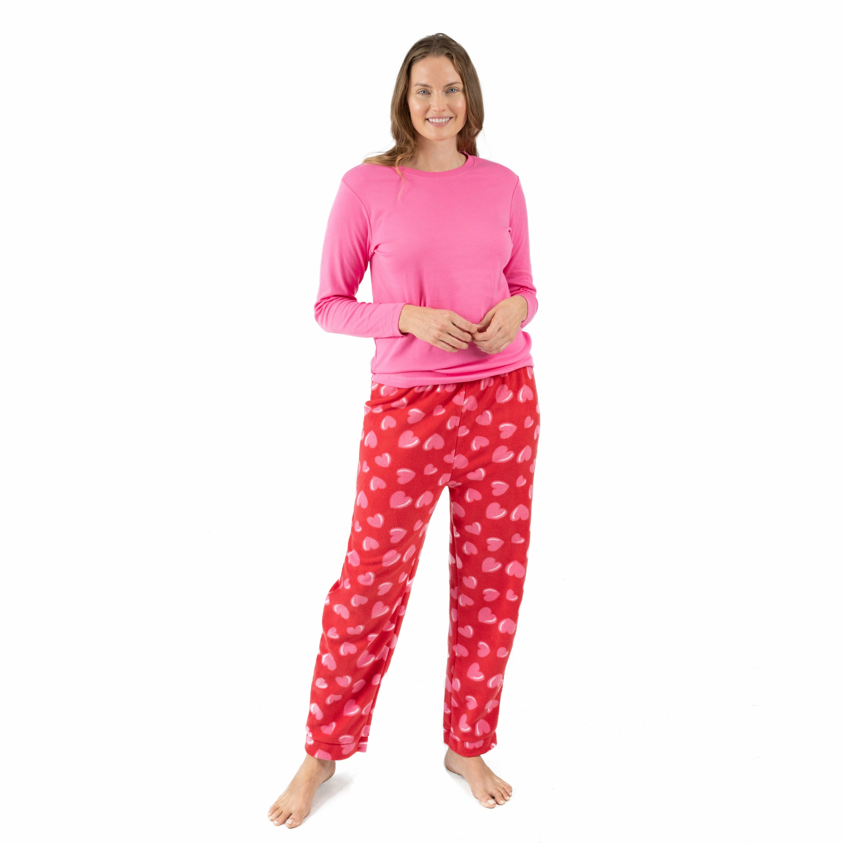 Womens Cotton Top and Fleece Pant Pajamas Heart Adjustable Cuff Openings EcoFriendly Material
