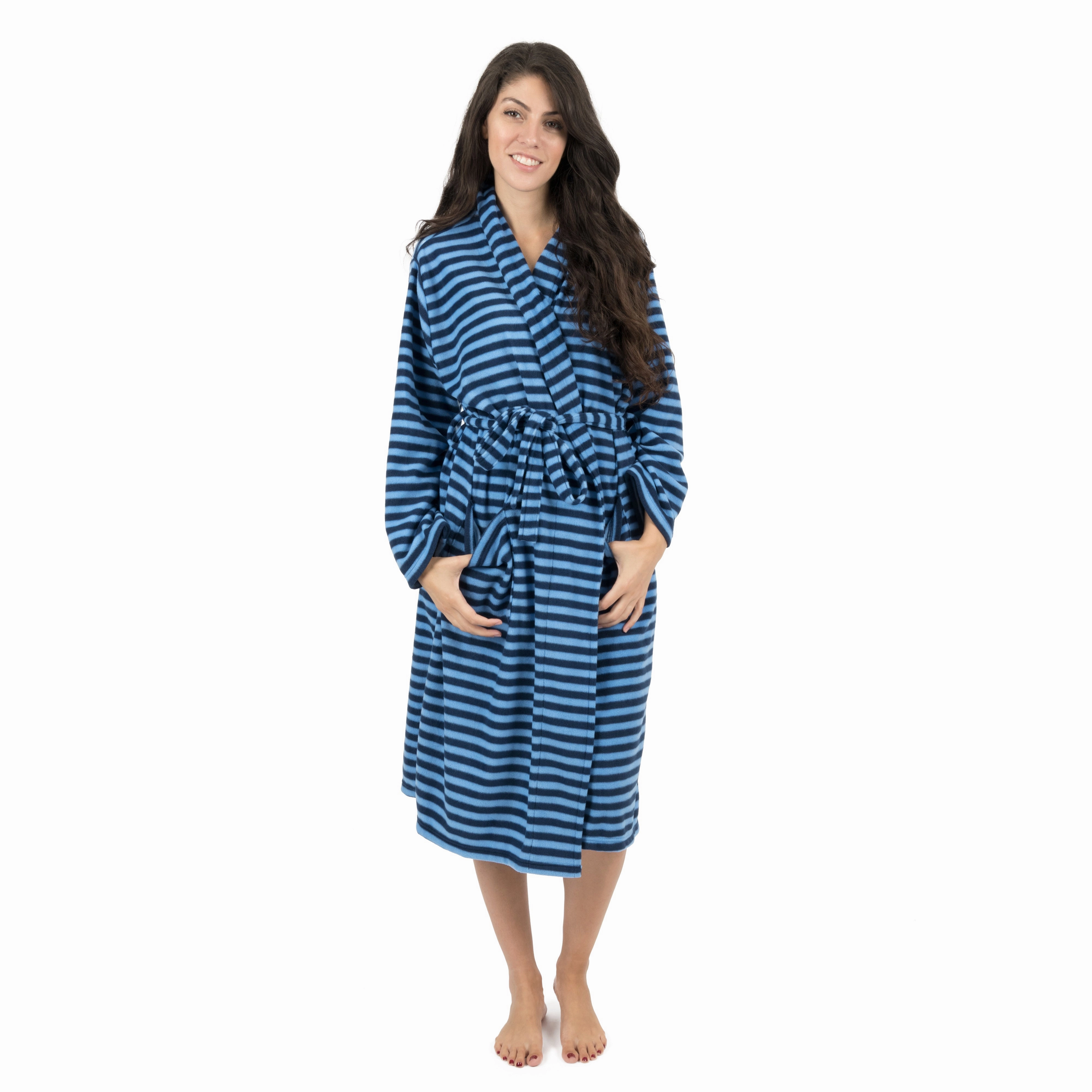 Womens Fleece Robe Blue and Navy Striped Plush Terry Cloth Wide Leg Cut