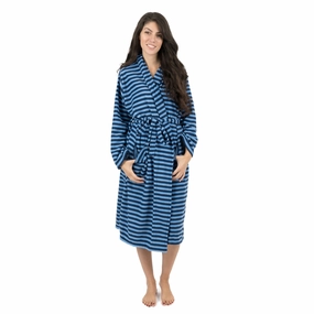 Womens Fleece Robe Blue and Navy Striped Temperature Regulating