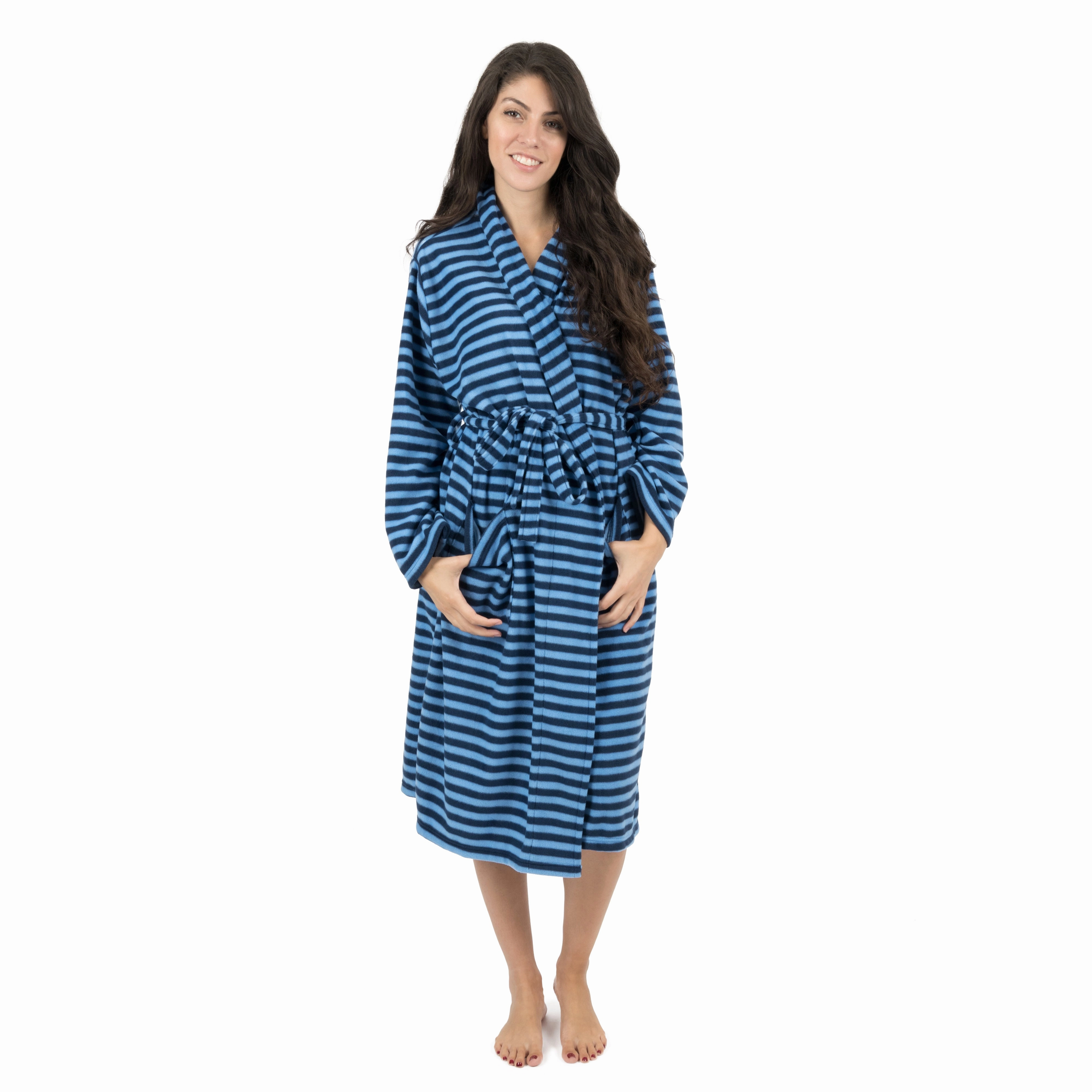 Womens Fleece Robe Blue and Navy Striped Temperature Regulating
