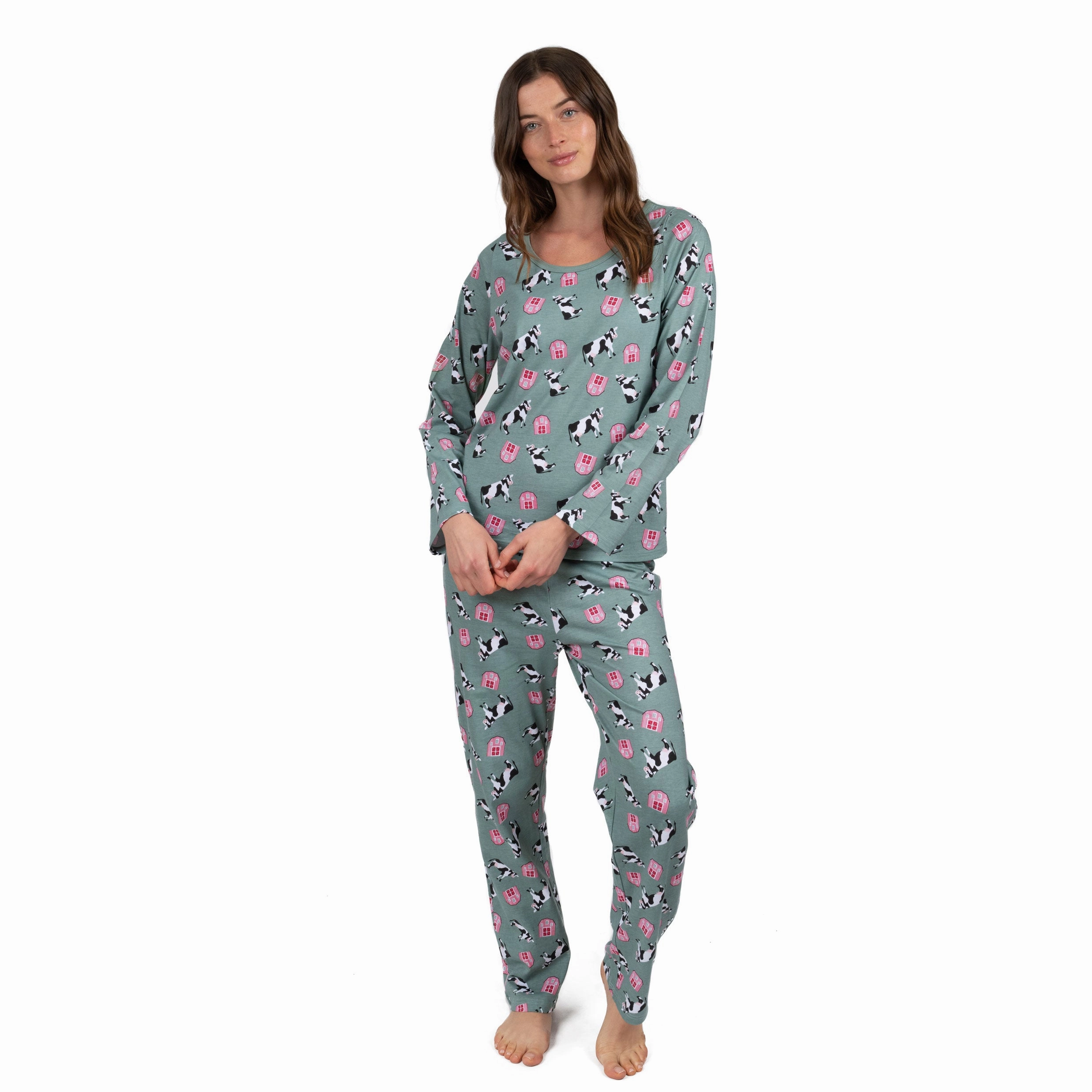 Moisture wicking Womens Two Piece Cotton Loose Fit Pajamas Cow Green
