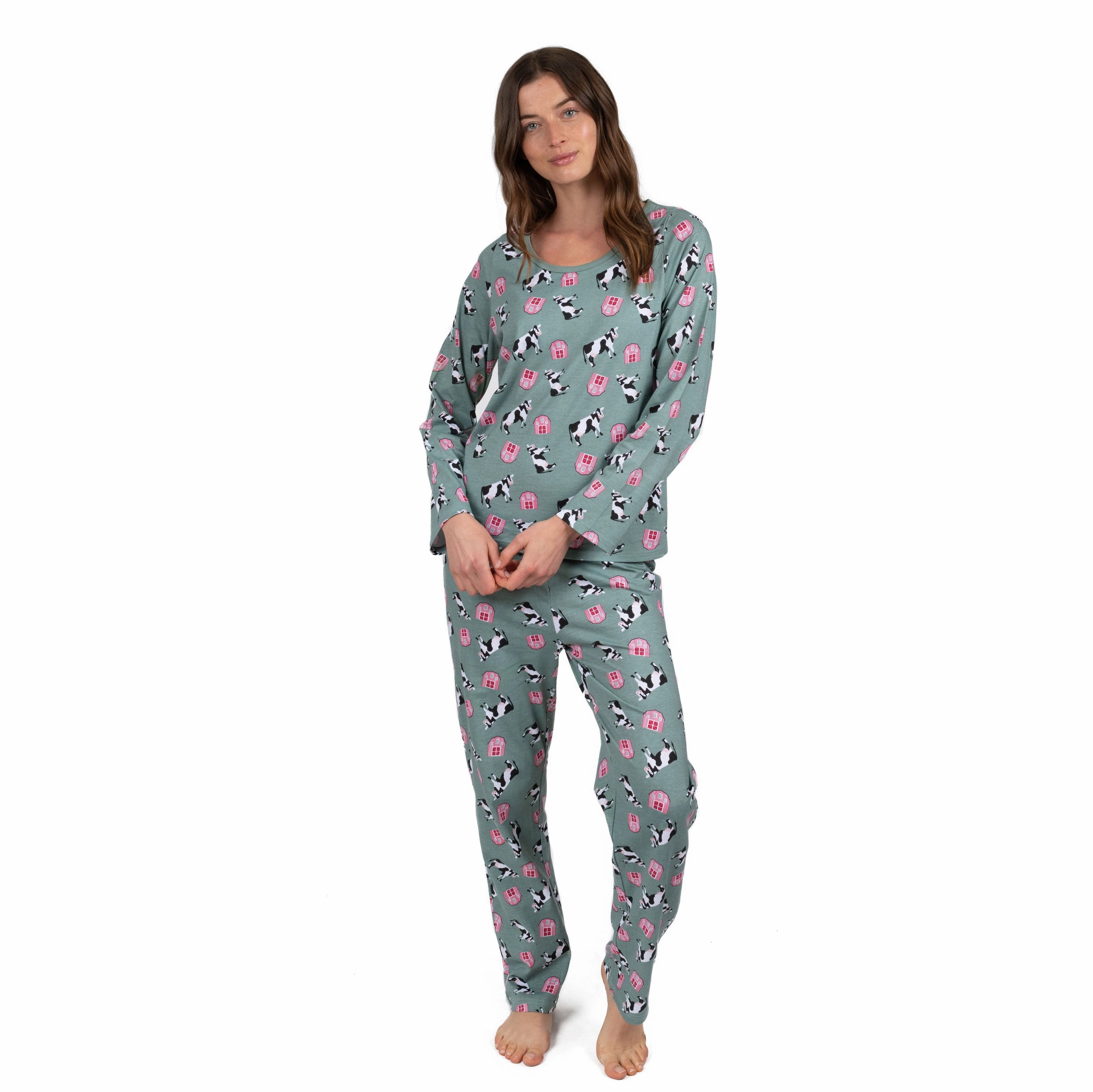 Womens Two Piece Cotton Loose Fit Pajamas Cow Green Durable Blends