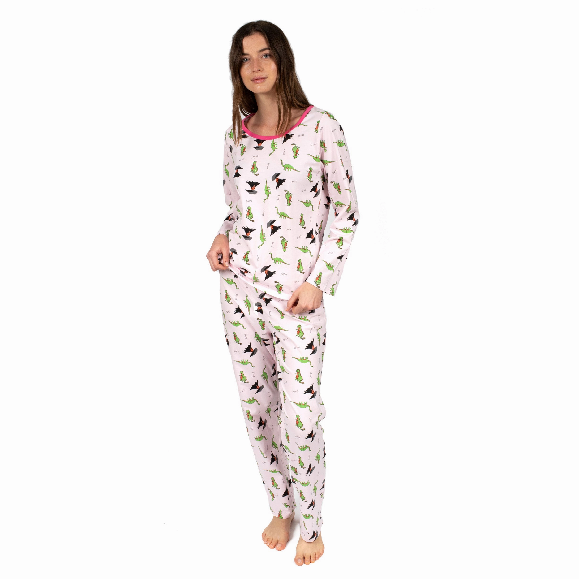 Quick Dry Technology Womens Two Piece Cotton Loose Fit Pajamas Dinosaur Pink