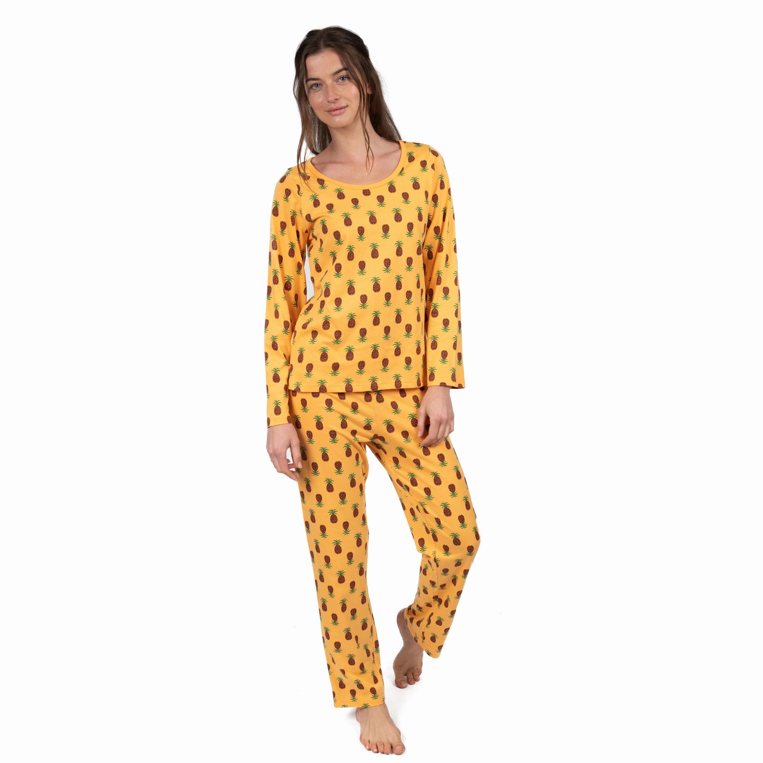 No Slip Grip Womens Two Piece Cotton Loose Fit Pajamas Pineapple
