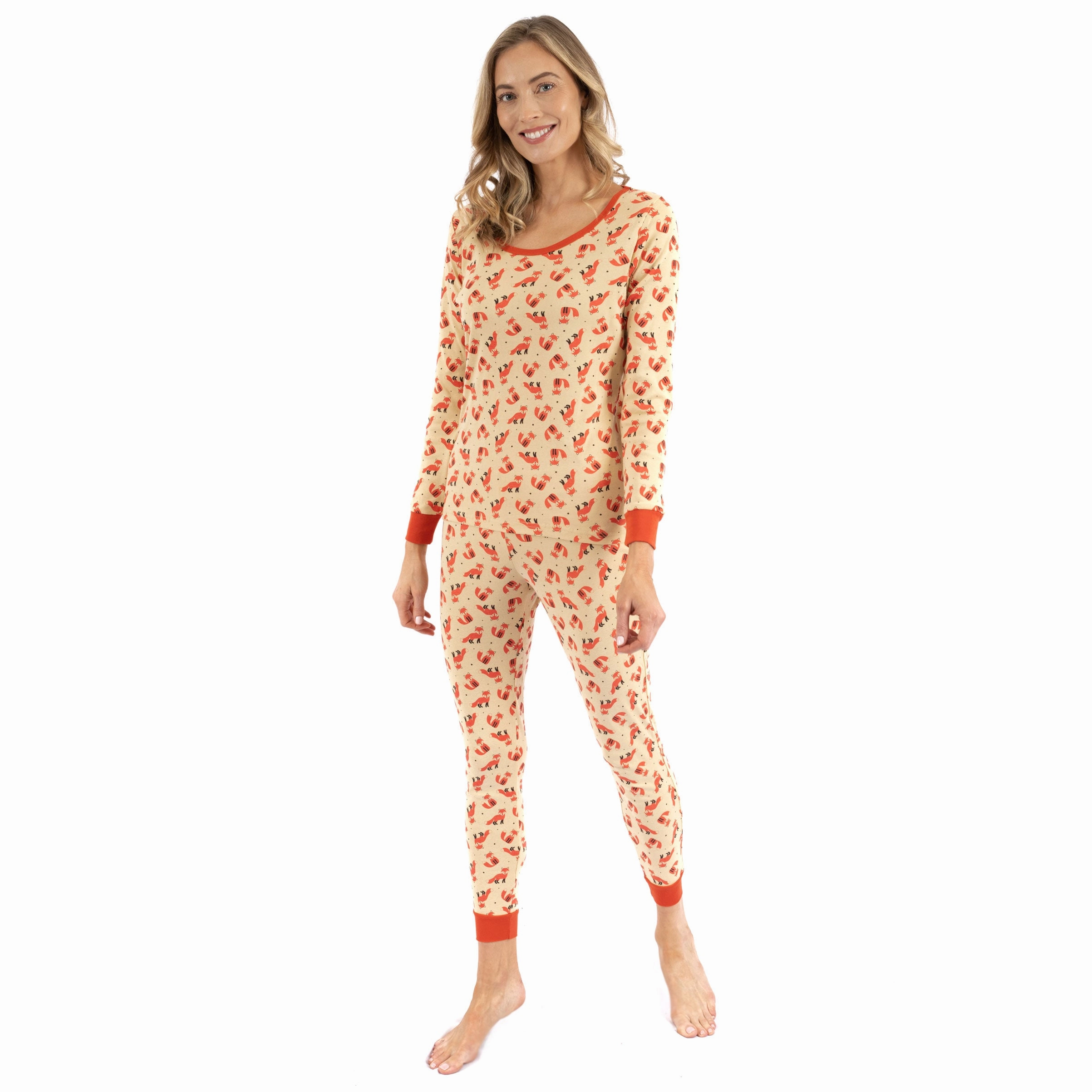 Womens Two Piece Cotton Pajamas Fox Flexible Waistband