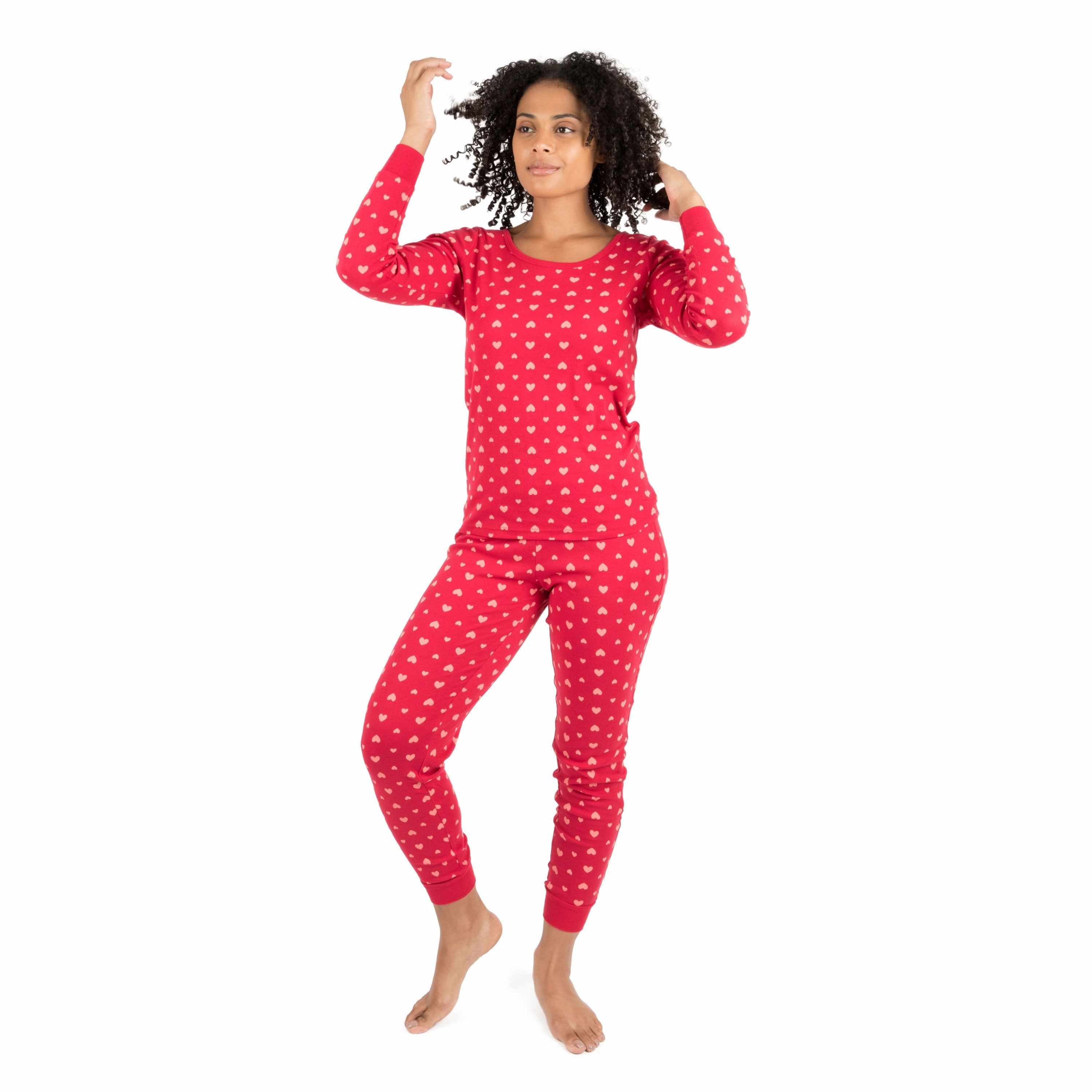 Womens Two Piece Cotton Pajamas Hearts Pink WrinkleResistant Fabric