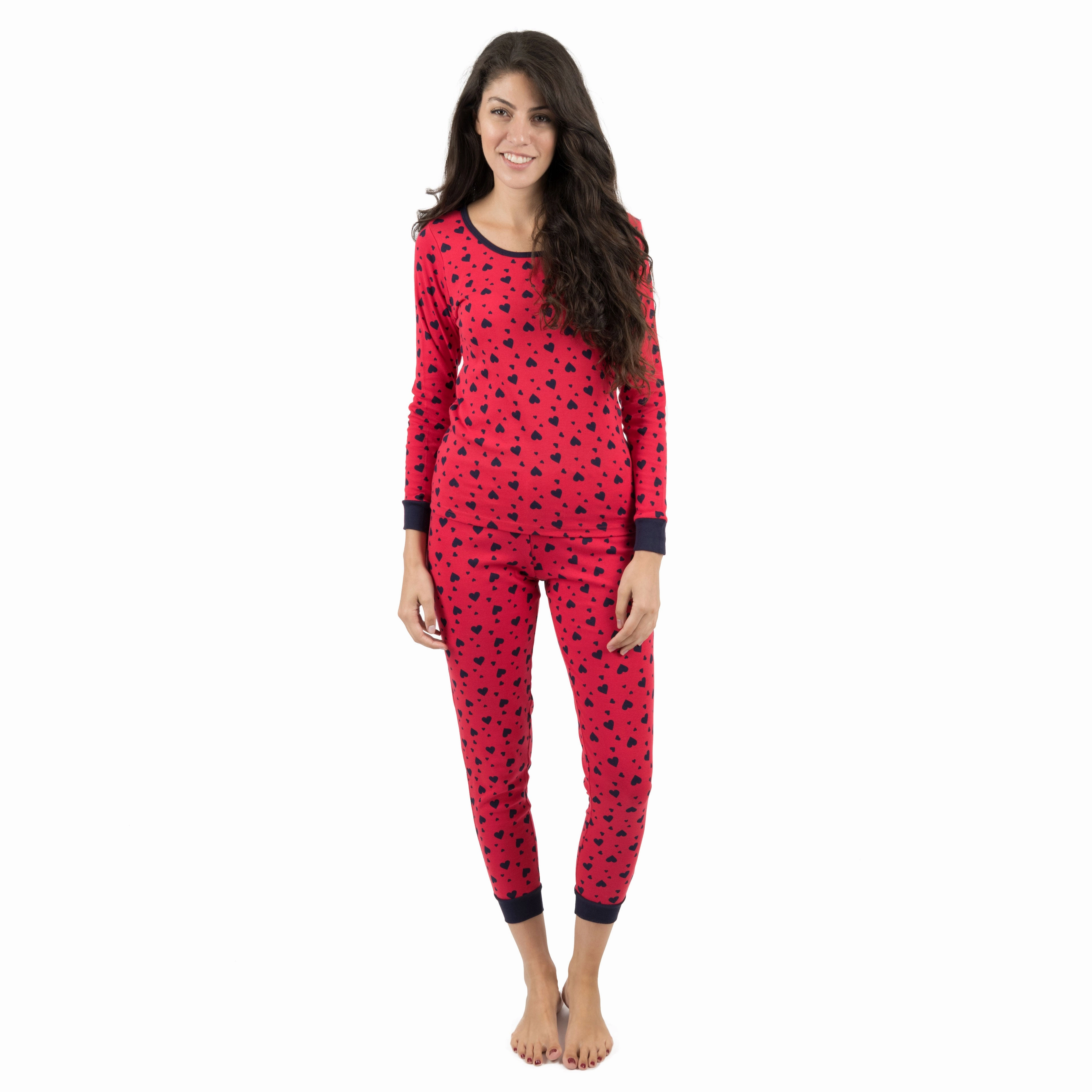 Womens Two Piece Cotton Pajamas Navy Hearts Relaxed fit style
