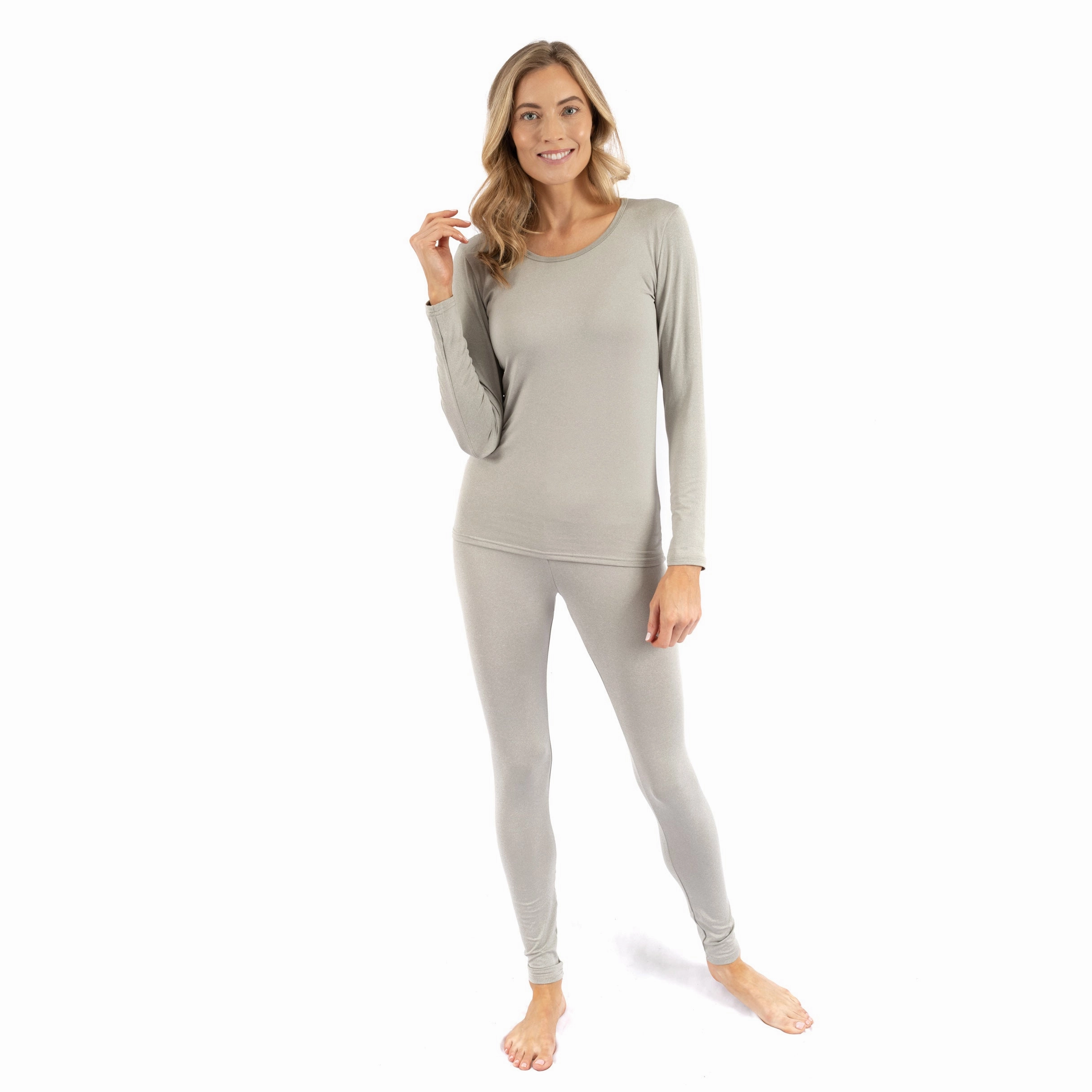Womens Two Piece Neutral Solid Thermal Pajamas Elasticated Hem Universal Sizing System