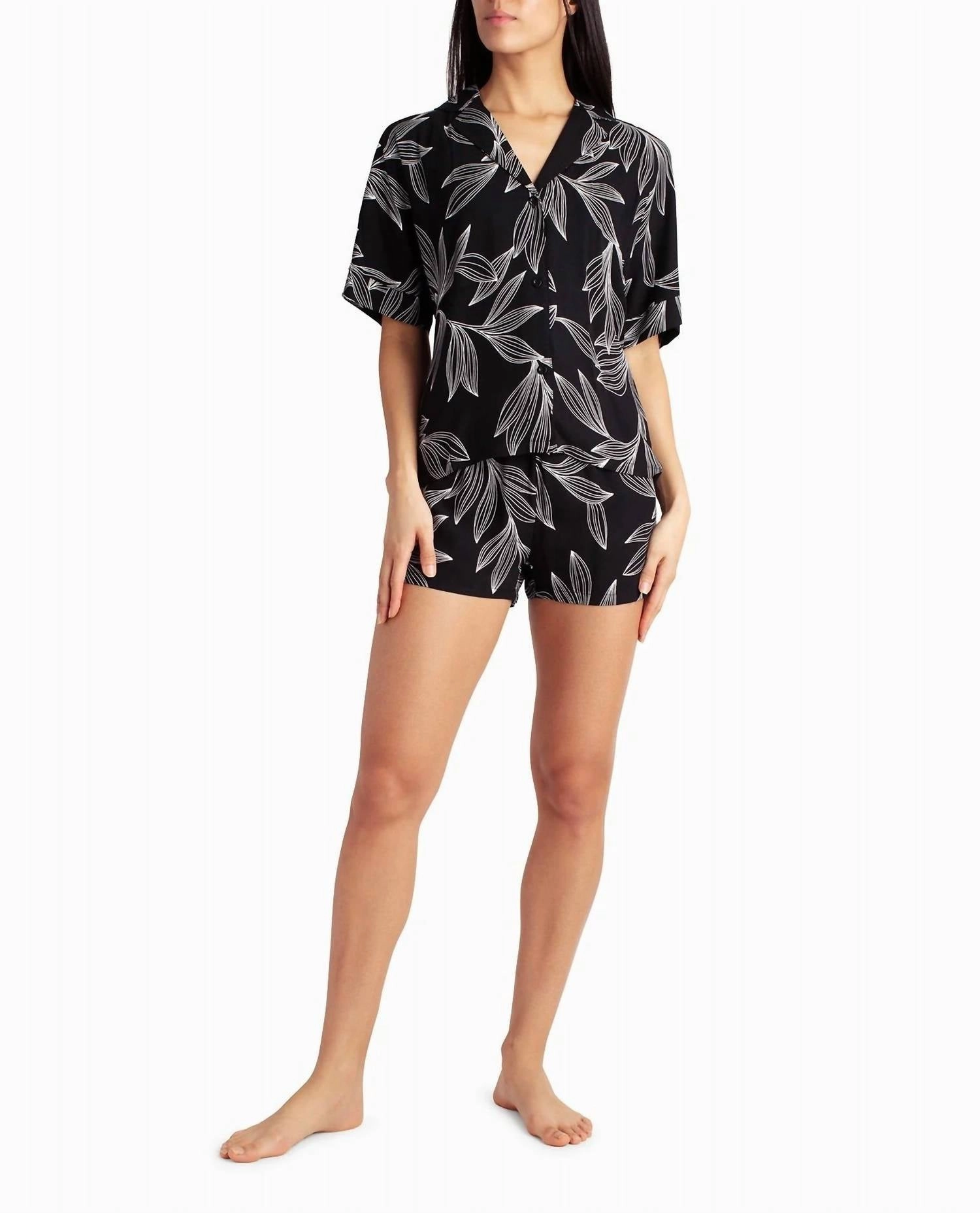 Woven Shirt And Short Two-Piece Sleepwear Set In Black Leaf NonRestrictive Design