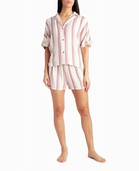 Woven Shirt And Short Two-Piece Sleepwear Set In Dune Textured Block Stripe Layered Hem Design