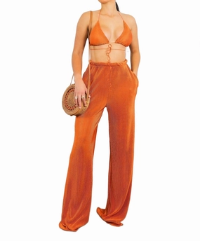 Pleated Vibes Pant Set In Orange Double Stitched Edges