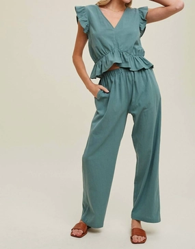 Ruffle Relaxed Crop Top And Pants Set In Teal Two Way Stretch