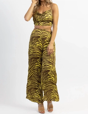 Plush Fleece Lining NoRoll Waistband Design Zebra Wide Leg Pant Set In Lime   Brown