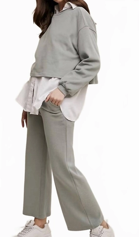No Roll Hemline Knit Wide-Leg Lounge Set In Sage Green