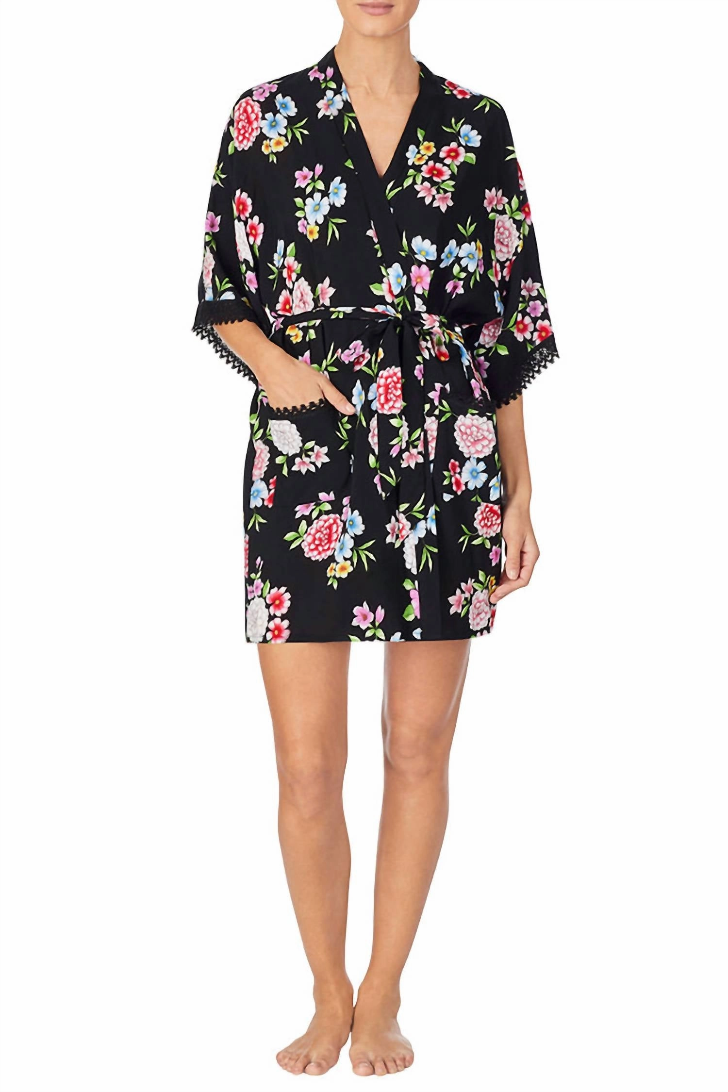 V Neck Wrap Robe In Black Floral Airflow Optimized Texture AntiSlip Grip Hem